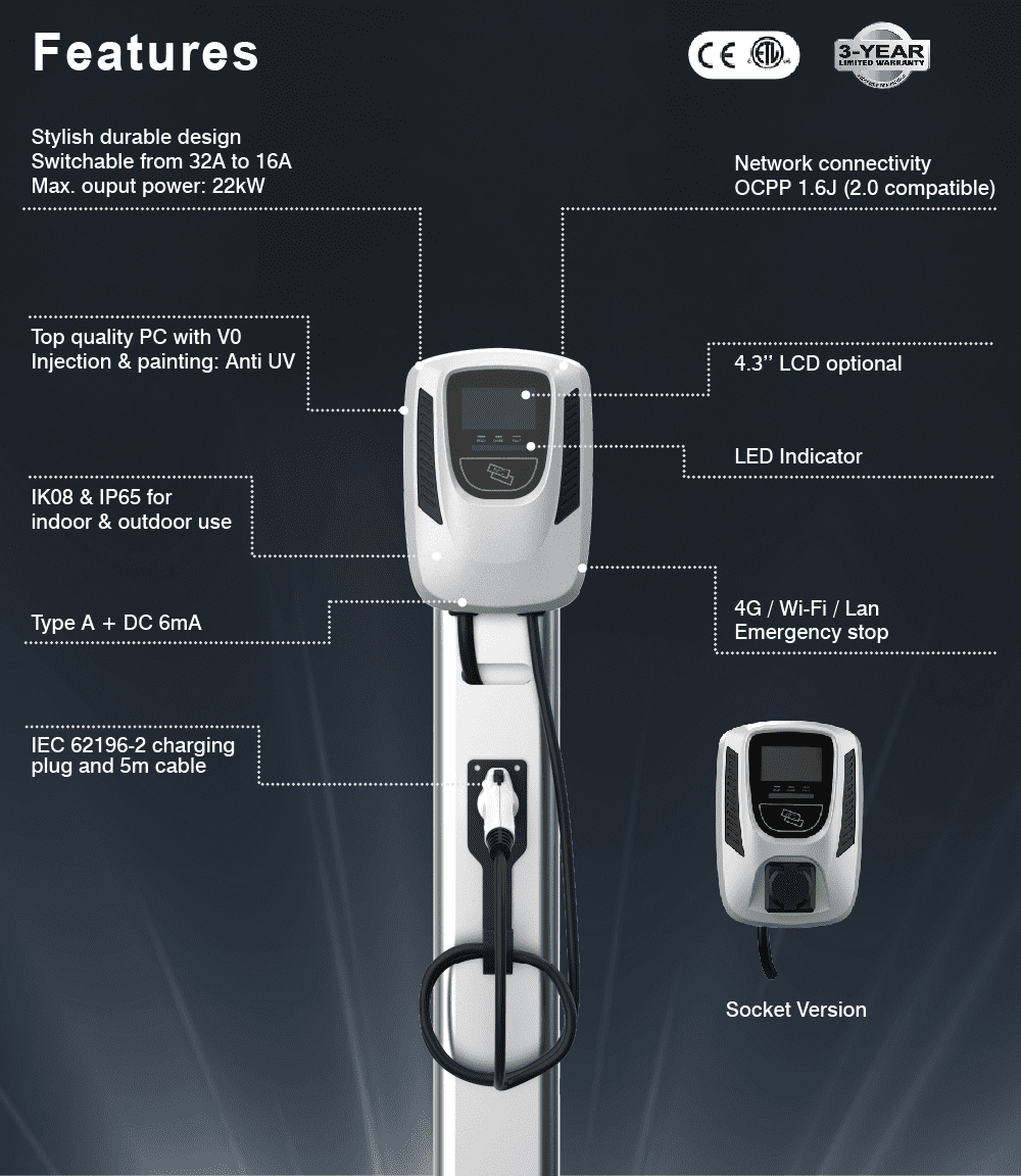 လျှပ်စစ်ယာဉ်အားသွင်းရန်အတွက် 16A 11kw EV Charger အမျိုးအစား ၂ ခု